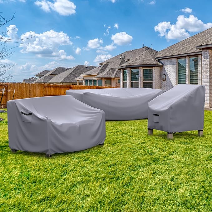 Patio Furniture Set Cover Waterproof, Heavy Duty 600D Furniture Covers for Outdoor Sectional Sofa Set Wicker Rattan Table Chair Rectangular,102"L×74"W×28"H,Grey