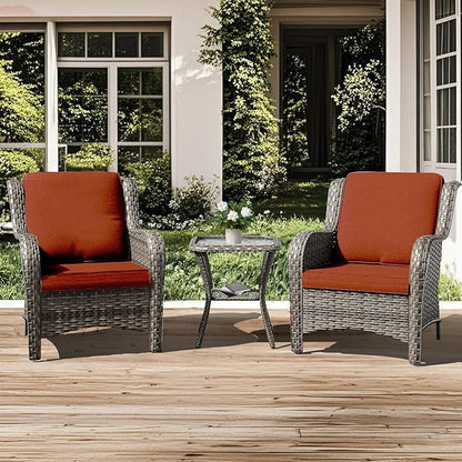 3 Pieces Patio Furniture Conversation Set PE Rattan Wicker Outdoor with 2 Armrest Chair and 1 Coffee Side Table, Soft Thick Washable Cushion for Yard Backyard Poolside Garden (Grey/Orange)