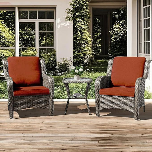 3 Pieces Patio Furniture Conversation Set PE Rattan Wicker Outdoor with 2 Armrest Chair and 1 Coffee Side Table, Soft Thick Washable Cushion for Yard Backyard Poolside Garden (Grey/Orange)