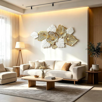 Roivikis Large Metal Wall Art Decor, 3D Abstract White & Gold Floral Leaves Wall Art, Handcrafted Modern Metal Wall Sculpture for Living Room, Bedroom, Entryway, 53.2" × 27"