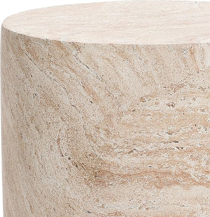 LuxenHome Outdoor Side Table, 18'' Travertine-Style Round Textured Cement Accent End Table, Outdoor Furniture for Patio Balcony Porch, Garden Stool for Backyard Lawn