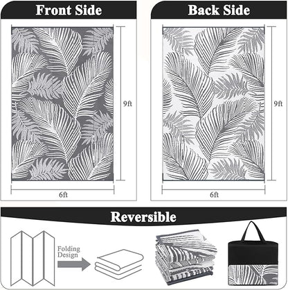 Pauwer Waterproof Outdoor Rug 6x9, Reversible Plastic Straw Patio Camping Rug, Indoor Outdoor RV Mat Carpet for Deck, Camper, Porch, Balcony, Backyard, Picnic, Leaf Grey