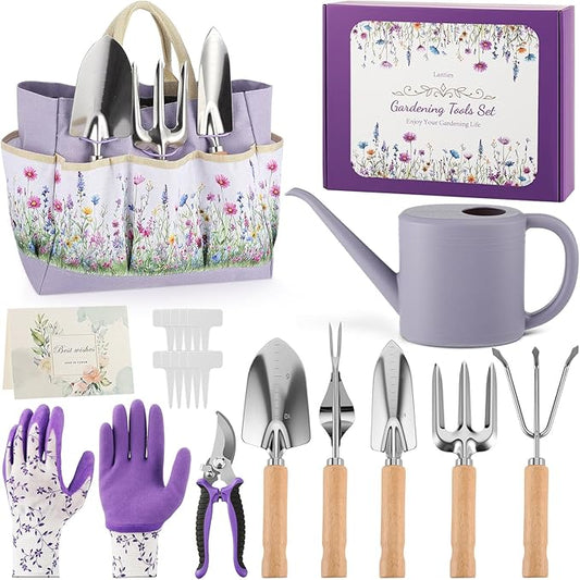 21 Piece Gardening Gifts for Women Heavy-Duty Gardening Tools Set for Wife Grandma Garden Kit Hand Tools with Purple Floral Tote Bag Water Can Gloves Garden Accessories Supplies Items