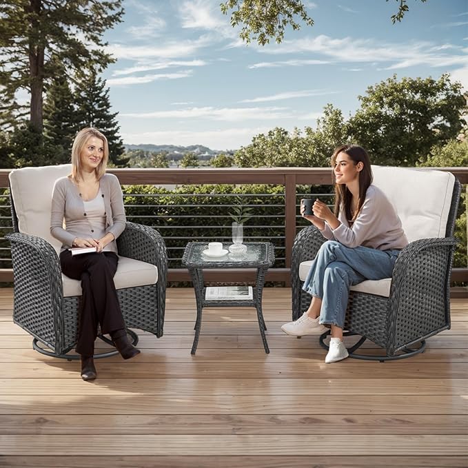 Outdoor Swivel Glider Rocker Chairs - 3 Piece Patio Furniture Set, Patio Bistro Sets with Tempered Glass Side Table, for Balcony, Porch - Black Wicker Beige Cushion