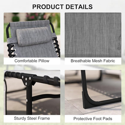 Outsunny Folding Chaise Lounge Chair Outdoor, Sun Tanning Chair with Side Pocket, Carrying Strap, Portable Patio Beach Lounger with 5-Position Reclining Back, Headrest for Pool, Camping, Yard, Gray