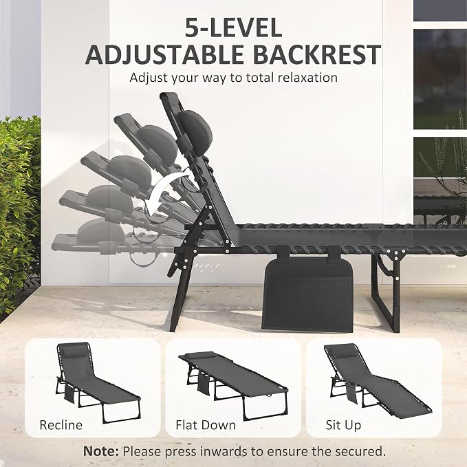 Outsunny Folding Chaise Lounge Chair Outdoor, Sun Tanning Chair with Side Pocket, Carrying Strap, Portable Patio Beach Lounger with 5-Position Reclining Back, Headrest for Pool, Camping, Yard, Black