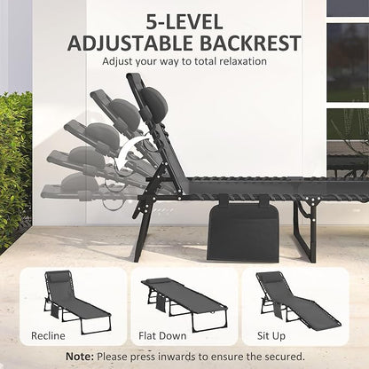 Outsunny Folding Chaise Lounge Chair Outdoor, Sun Tanning Chair with Side Pocket, Carrying Strap, Portable Patio Beach Lounger with 5-Position Reclining Back, Headrest for Pool, Camping, Yard, Black