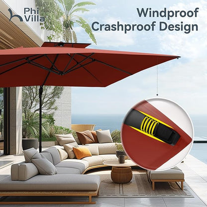 PHI VILLA 9' X 12' Cantilever Patio Umbrella with Base, Outdoor Large Rectangular Umbrellas with 360°Rotation, Heavy Duty Hydraulic Double Umbrella Windproof for Outside, Red