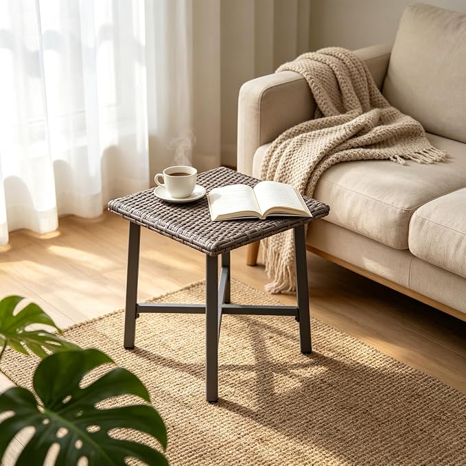 Loungewave Outdoor Side Tables for Patio, Small Wicker Patio Rattan Side Table, Outside End Table for Backyard, Porch, Pool, Weather Resistant & Easy Maintenance (Brown)