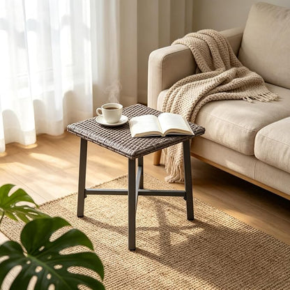 Loungewave Outdoor Side Tables for Patio, Small Wicker Patio Rattan Side Table, Outside End Table for Backyard, Porch, Pool, Weather Resistant & Easy Maintenance (Brown)