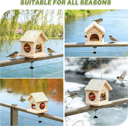 MIXXIDEA Deck Bird Feeder for Railing, Wooden Balcony Deck Bird Feeders for Outside, with Metal Clamp, Easy to use (1pk)