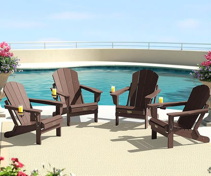 SERWALL Folding Adirondack Chair with Cup Holder for Outdoor, All-Weather Patio Chairs with Wood Texture, Fire Pit Chairs for Deck Porch Garden (Folding Coffee)