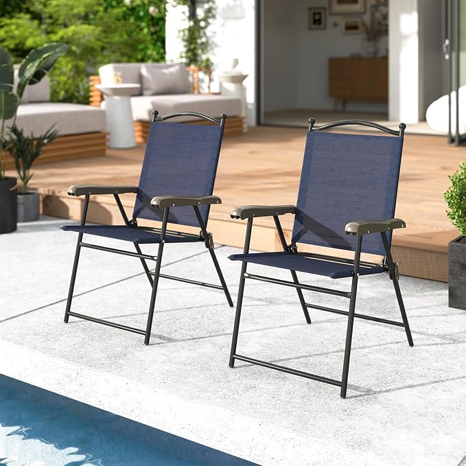 Tangkula Set of 4 Patio Folding Dining Chairs, Outdoor Sling Lawn Chairs with Armrests, Steel Frame, Portable Camping Lounge Chairs for Backyard, Deck, Poolside and Garden, No Assembly (2, Navy)
