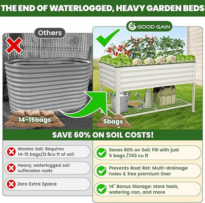 Elevated Raised Garden Bed 2' x 4'- Galvanized Metal Planter Boxes with Legs & Storage Rack, Outdoor Planters for Backyard/Patio/Balcony, with Drainage Holes for Vegetables, Flowers, Herbs, White