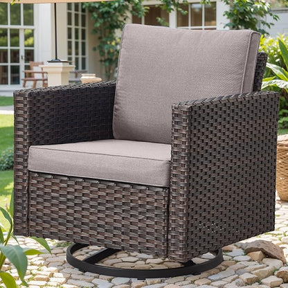 Outdoor Patio Swivel Rocker Chairs - Single Wicker Patio Swivel Rocking Chair with Waterproof Wicker,Comfortable Cushions and Sturdy Metal Frame for Outside Porch Deck Backyard(Brown/Grey/1PC)