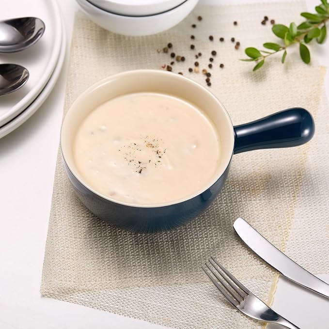KooK French Onion Soup Crocks, Stackable Ceramic Bowls with Handles, Oven, Microwave and Dishwasher Safe, for Cereal, Soups, Casseroles, with Handle, Stoneware, 24 oz, Set of 4, Navy