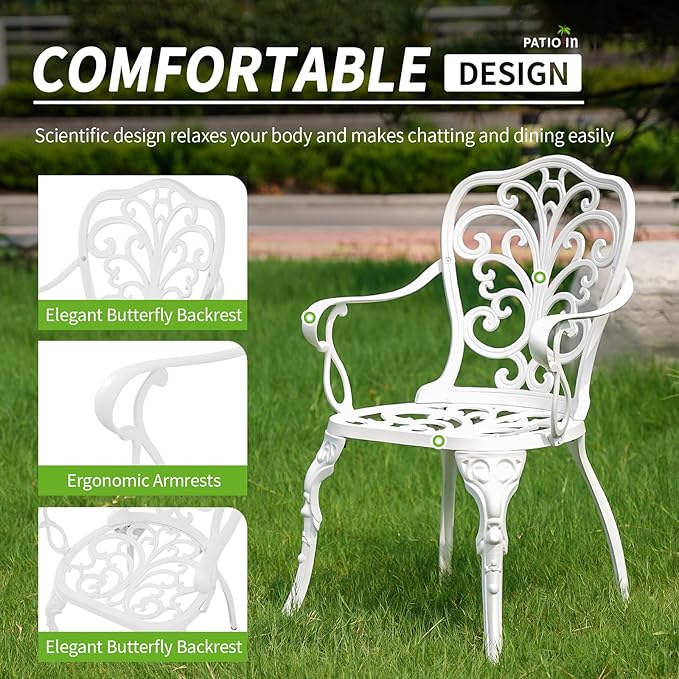 Outdoor Bistro Set 3 Piece, Bistro Table and Chair Set of 2, Cast Aluminum Patio Dinning Set with Umbrella Hole for Balcony, Garden, Porch