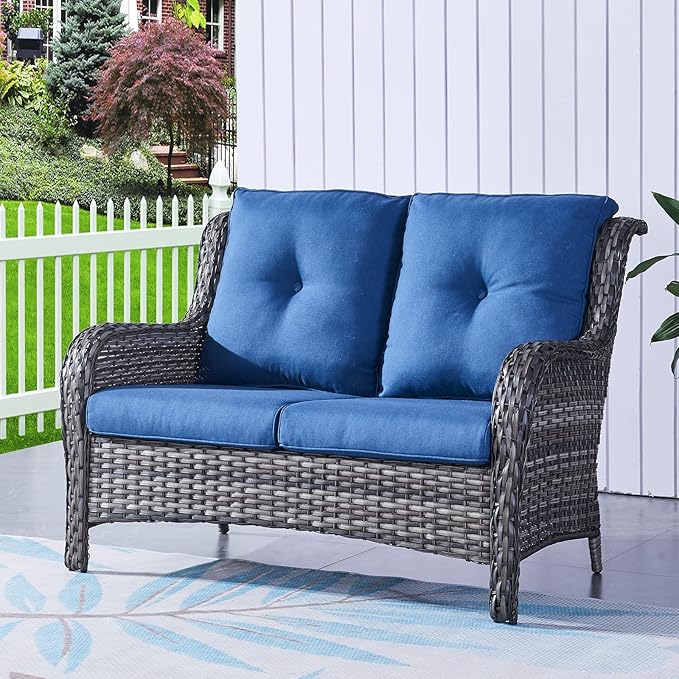 HUMMUH 4 Piece Patio Conversation Furniture Set PE Wicker Rattan Outdoor Loveseat Sofa,Patio Chairs,Coffee Table for Garden,Poolside,Backyard,Deck