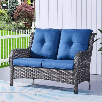 HUMMUH 4 Piece Patio Conversation Furniture Set PE Wicker Rattan Outdoor Loveseat Sofa,Patio Chairs,Coffee Table for Garden,Poolside,Backyard,Deck