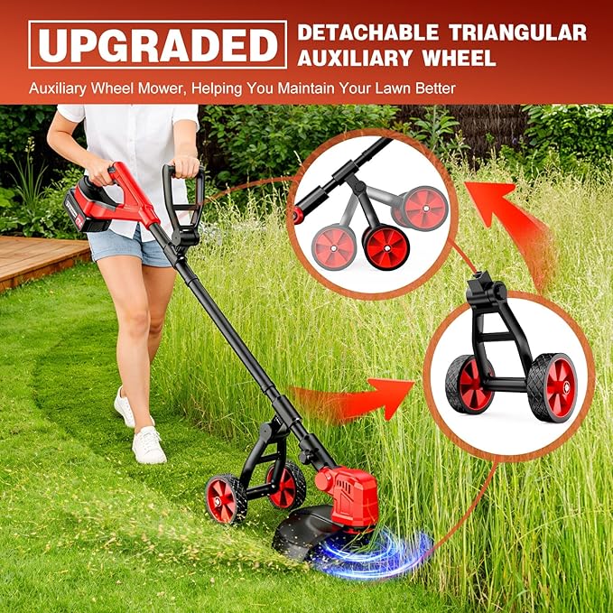 21V Cordless String Trimmer with 2 X 3.0Ah Battery and Charger, Electric Weed Wacker String Trimmer with 14" Cutting Width, Cordless String Trimmer for Lawn, Garden, Yard(8Pcs Spool Line) (Red)