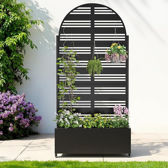 Metal Raised Garden Bed with Trellis & Wheels,72" x 35"x 15.7" Planter Box with Trellis,Privacy Planters for Patio,Garden Bed for Climbing Plants,Suitable for Climbing Plants and Vegetables,Black