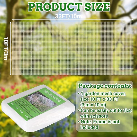 Ultra Fine 10'x33' Garden Netting – No Frame Needed, Easy Install, Pest Barrier & Bird Netting, Plant Cover for Garden, Greenhouse, Patio, Protecting Vegetables, Flowers, Trees
