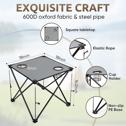 HaSteeL Folding Beach Chair Set of 3, Foldable Black Camping Chairs & Grey Table for Outside, Low Beach Chair Portable for Adults Fishing, Picnic, Outdoor BBQ, Cup Holder & Storage Bag