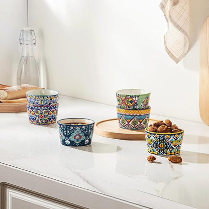 4 oz Ceramic Ramekins Set of 6, Dessert Cups & Dipping Bowls | Colorful Bohemian Pattern, Oven Safe, Ideal for Crème Brûlée, Dips, Sauces & Individual Desserts