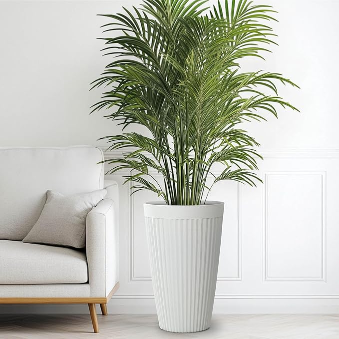 20" Resin Planters Large Matt Flower Pots Outdoor Set of 2 Indoor Pots for Plants with Handmade Fluted Texture Heavy-Duty Garden Pot with Drainage Hole for Patio, Porch or Living Room, White