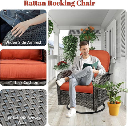 5 Piece Outdoor Patio Furniture Set,Wicker Patio Conversation Set with Swivel Glider Chairs,Wicker Rocking Swivel Chairs Set with Ottomans/Side Coffee Table for Backyard,Deck,Balcony,Red