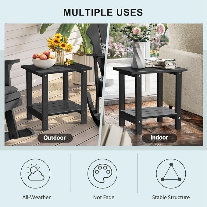Adirondack Outdoor Side Table with Wood-Like Grain, 16.6" Small Patio End Table, 2-Tier HDPE Plastic Table for Poolside Porch Garden, Weather Resistant & Easy Assembly (Black, Rectangle)