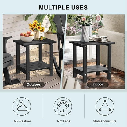 Adirondack Outdoor Side Table with Wood-Like Grain, 16.6" Small Patio End Table, 2-Tier HDPE Plastic Table for Poolside Porch Garden, Weather Resistant & Easy Assembly (Black, Rectangle)