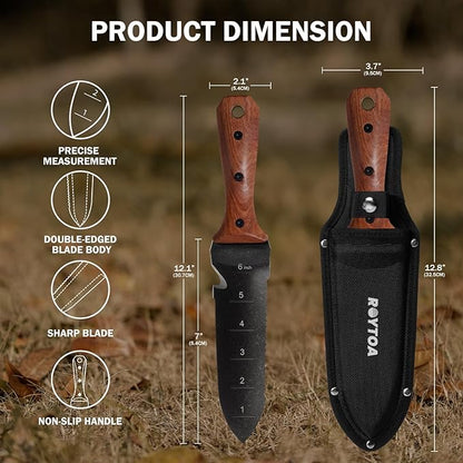 Hori Hori Garden Knife, Garden Tools with Sheath for Weeding,Planting,Digging, 7" Stainless Steel Blade with Cutting Edge, Full-Tang Rosewood Handle with Hanging Hole