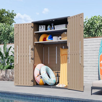 Aoxun Outdoor Storage Shed with 2 Shelves & Floor, 64 Cu.Ft Large Outdoor Storage Cabinet, Waterproof Vertical Resin Shed for Garden Tools, Pool Equipment, Brown