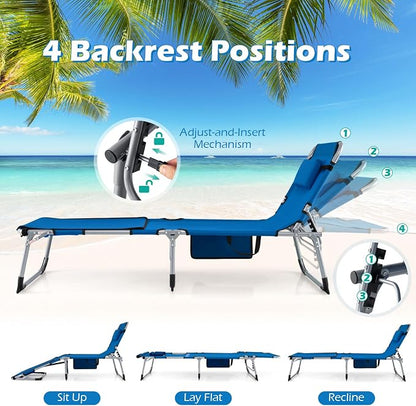 GYMAX Tanning Chair, 330LBS Beach Lounge Chair with Face Arm Hole & Hand Shoulder Strap, Folding Layout Sunbathing Chair, Face Down Outdoor Chaise Lounger for Patio, Poolside, Lawn, Backyard (2, Blue)