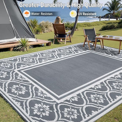 HUGEAR Outdoor Rug 9'x12' Patio Waterproof Mat Camping Carpet Outside Area Rug Reversible Grey Rugs for RV Deck Entryance Porch Picnic Balcony Beach