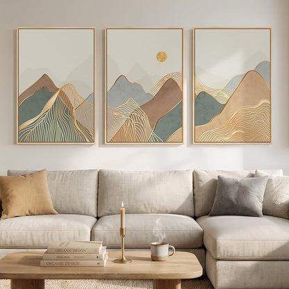 Framed Boho Mountain Wall Art for Living Room, 3 Piece Modern Nature Landscape Canvas Artwork for Walls, Large Sunset Minimalist Abstract Prints Wall Decor for Bedroom Hallway Home Office, 24x36 Inch