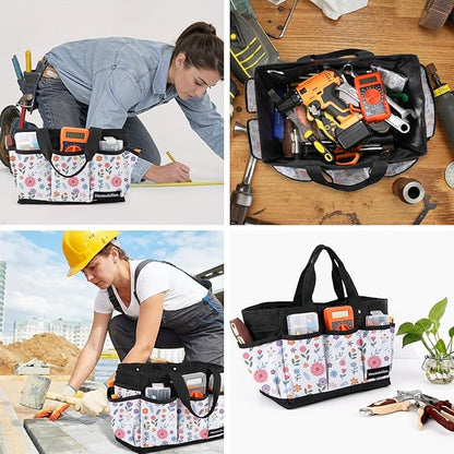 Housolution Gardening Tote Bag, Deluxe Garden Tool Storage Bag and Home Organizer with Pockets, Wear-Resistant & Reusable, 14 Inch, White Floral