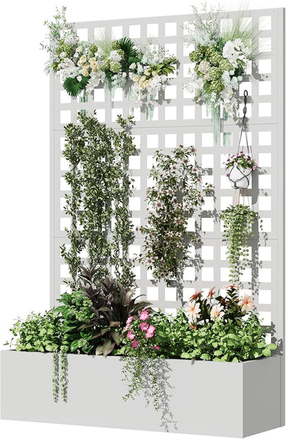 Metal Planter Box with Trellis, 71"x 47"x 16" Raised Garden Bed with Trellis, Planter Box Trellis with Privacy Screen and Drainage Holes, White
