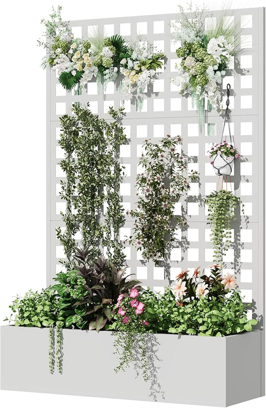 Metal Planter Box with Trellis, 71"x 47"x 16" Raised Garden Bed with Trellis, Planter Box Trellis with Privacy Screen and Drainage Holes, White
