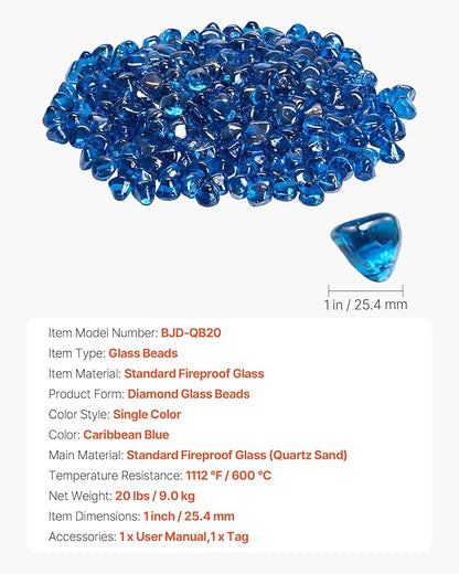 VEVOR Fire Glass, 20 LBS / 9 KG High-Temperature Resistant Fireplace Rocks, 1 Inch / 25.4 mm Reflective Firepit Glass Diamond Beads, High Luster Stone Landscaping for Fire Pit Table, Caribbean Blue