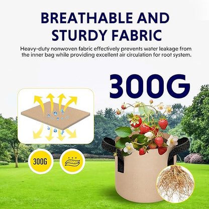 iPower 5-Pack 2 Gallon Plant Grow Bags Thickened Nonwoven Aeration Fabric Pots Heavy Duty Durable Container, Strap Handles for Garden, Tan