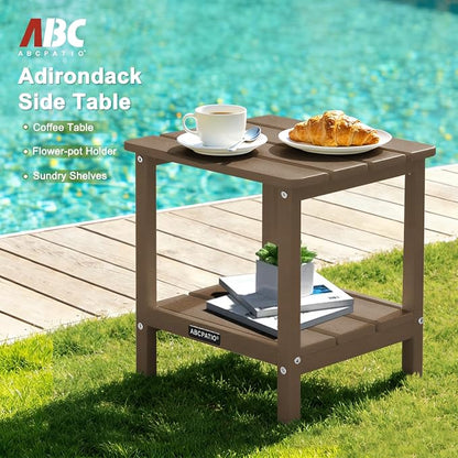 Outdoor Side Table HDPE Small Outdoor End Table Patio Side Tables Square for Backyard Pool Porch Balcony Double Layer Storage, Brown (Wood Grain Finish)