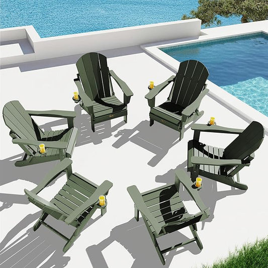 SERWALL Folding Adirondack Chair for Patio Garden, All-Weather Outdoors Chairs with Cup Holder, Wooden Textured Fire Pit Chairs for Poolside, Backyard, Lawn - Army