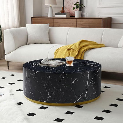 kevinplus BlackRound Coffee Table Side End Table Set of 2 for Living Room, Modern Contemporary Circle Drum Style, Gold Rim Bottom & Faux Marble Grain, No Assembly (Black, 2-Pcs)
