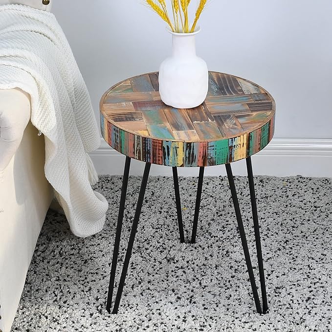 Vintage Round Thick Wood Side Table 15" x 15" x 20" H Accent Reclaimed Wood Multi Color Coffee Tables Solid Rustic Plant Stand Outdoor End Tables Living Room Patio Bedroom