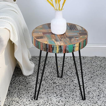 Vintage Round Thick Wood Side Table 15" x 15" x 20" H Accent Reclaimed Wood Multi Color Coffee Tables Solid Rustic Plant Stand Outdoor End Tables Living Room Patio Bedroom