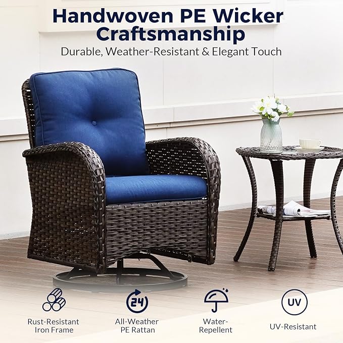 3-Piece PE Wicker Swivel Rocking Patio Chair Set with Cushions & Ripple Glass Table, Luxury All-Weather Outdoor Bistro Set for Modern Deck Balcony Furniture Set
