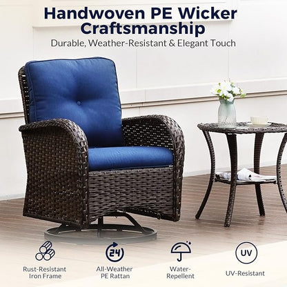 3-Piece PE Wicker Swivel Rocking Patio Chair Set with Cushions & Ripple Glass Table, Luxury All-Weather Outdoor Bistro Set for Modern Deck Balcony Furniture Set