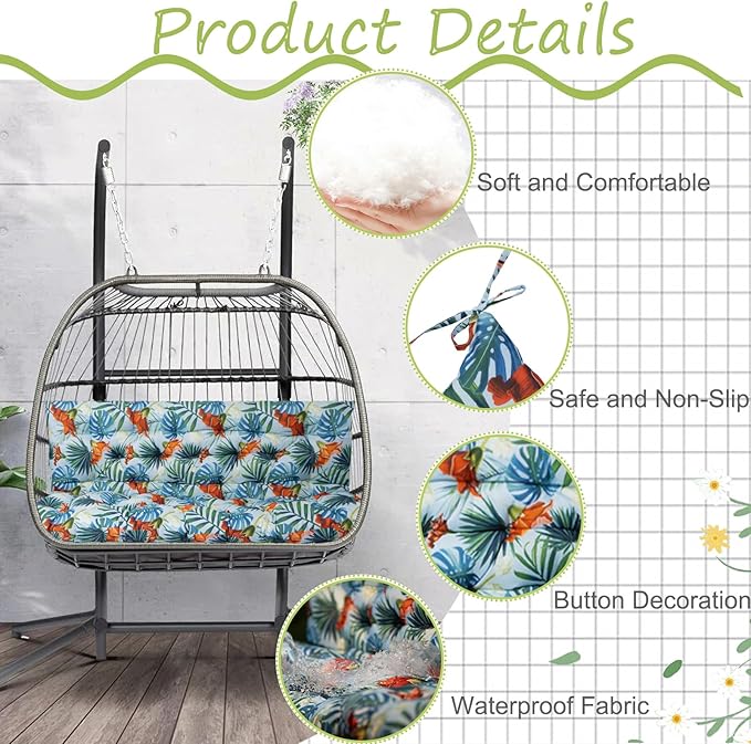 Swing Replacement Cushions with Backrest, 2 or 3 Seater Waterproof Non-Slip Overstuffed Swing Pad, Indoor/Outdoor Bench Cushion for Porch Chair Swing Garden Furniture (Summer, 40 * 40 in)